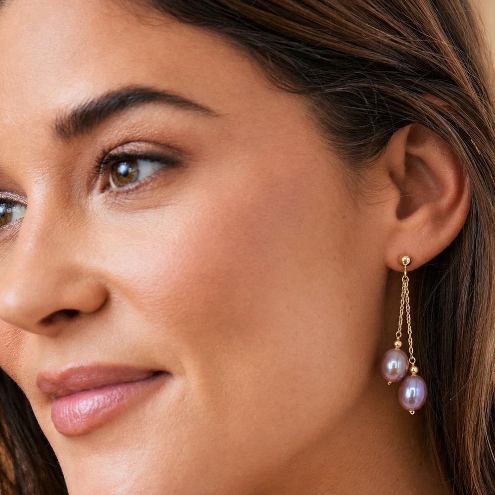 14K Yellow Gold Mauve Freshwater Pearl Double Drop Dangle Earrings